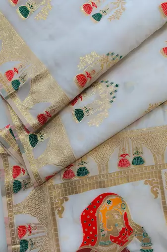 white meena weaving banarasi silk saree