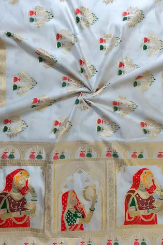 white meena weaving banarasi silk saree