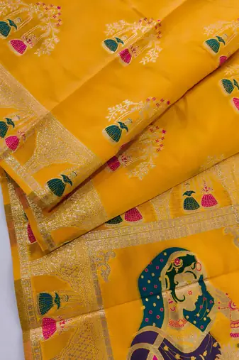 yellow meena weaving banarasi silk saree