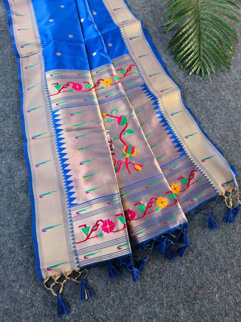 Navy blue color small butties and fully zari woven paithani silk saree