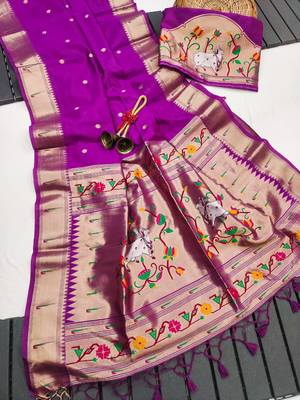 purple small butties and zari woven paithani silk saree 1