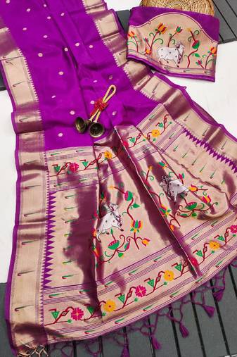 Purple color small butties and fully zari woven paithani silk saree