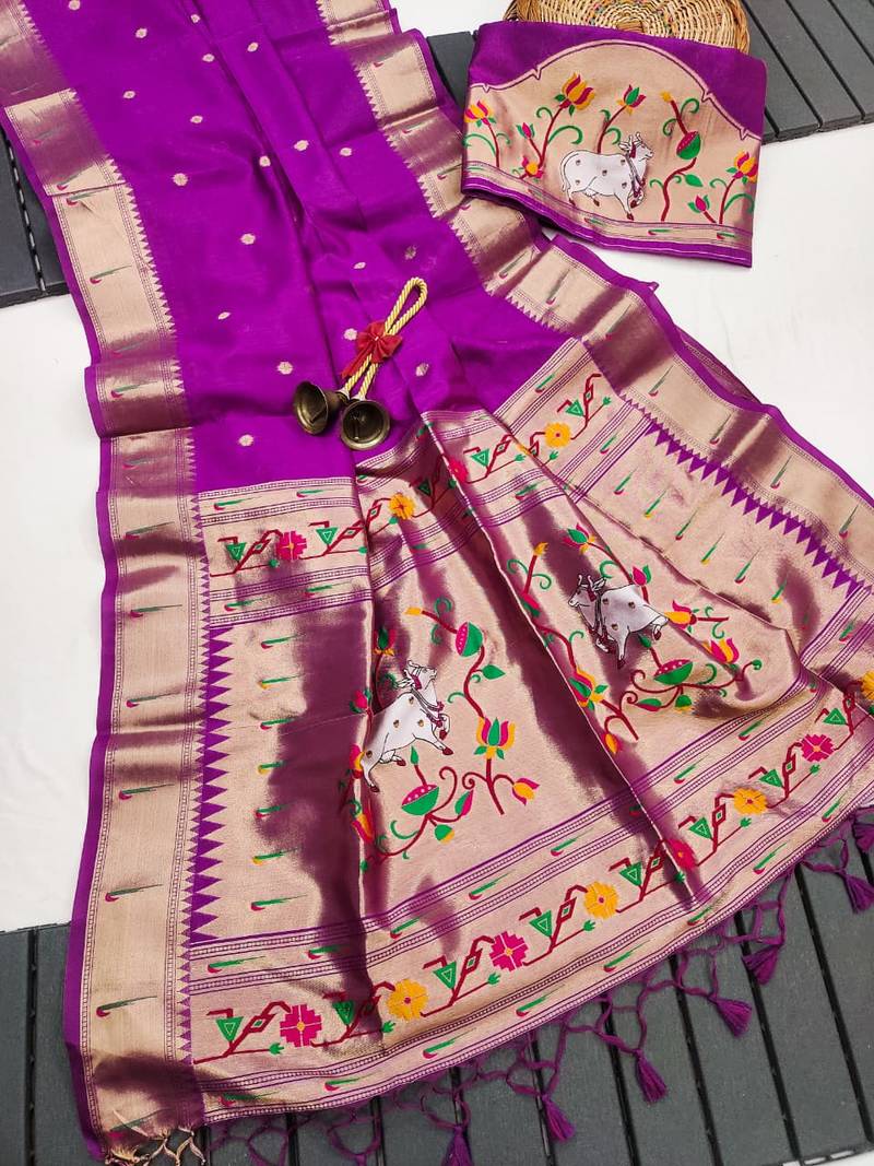 Purple color small butties and fully zari woven paithani silk saree