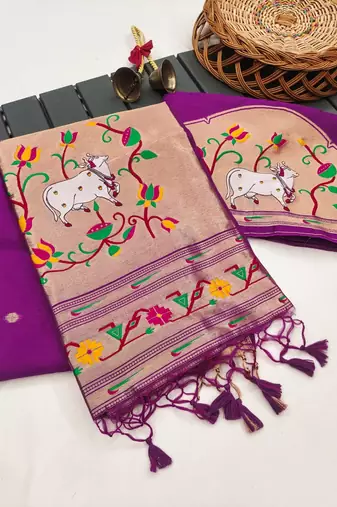 purple small butties and zari woven paithani silk saree