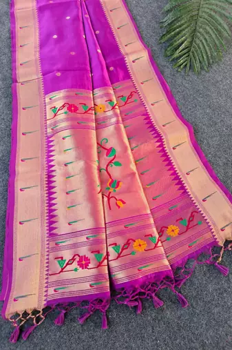 purple small butties and zari woven paithani silk saree