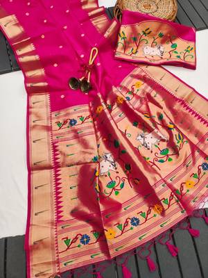 rani pink small butties and zari woven paithani silk saree 1