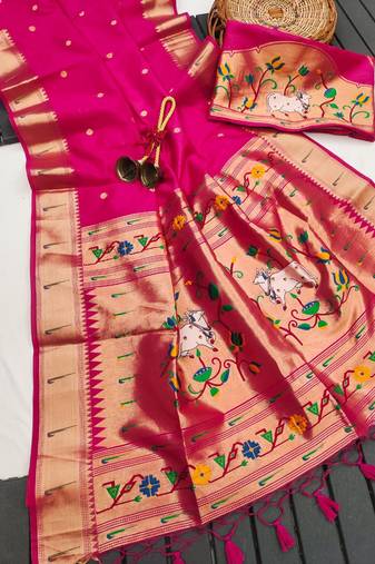 Rani pink color small butties and fully zari woven paithani silk saree