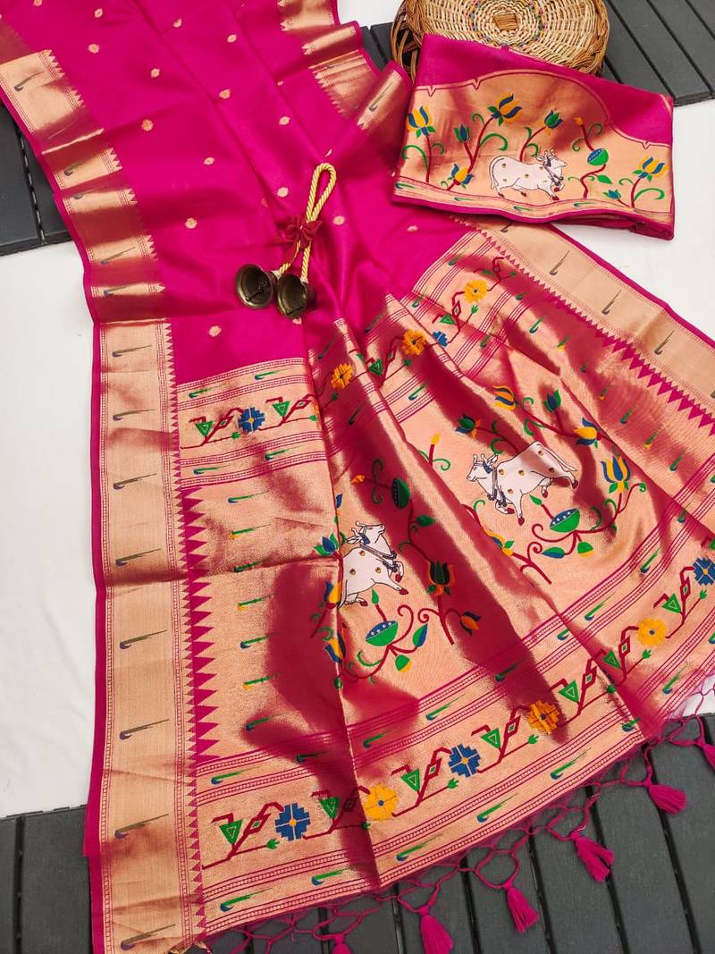 Rani pink color small butties and fully zari woven paithani silk saree