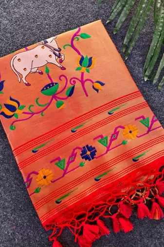 Red color small butties and fully zari woven paithani silk saree