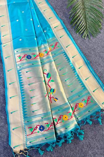 Sky blue color small butties and fully zari woven paithani silk saree