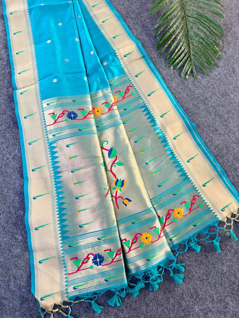 Sky blue color small butties and fully zari woven paithani silk saree