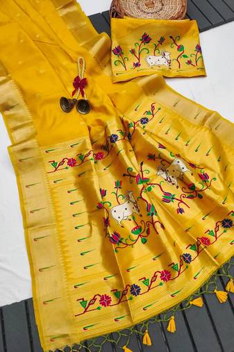 Yellow color small butties and fully zari woven paithani silk saree