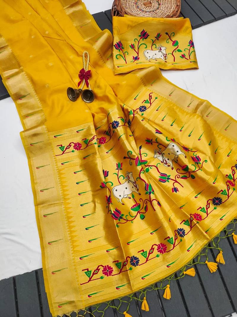 Yellow color small butties and fully zari woven paithani silk saree