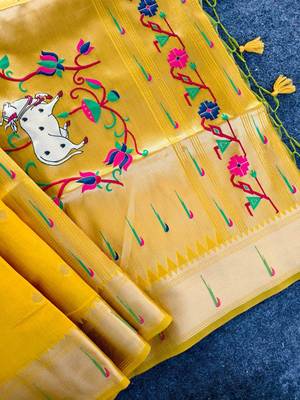 yellow small butties and zari woven paithani silk saree 2