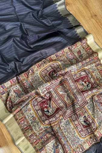 dark grey madhubani print and zari weaving tussar silk saree