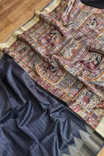 dark grey madhubani print and zari weaving tussar silk saree