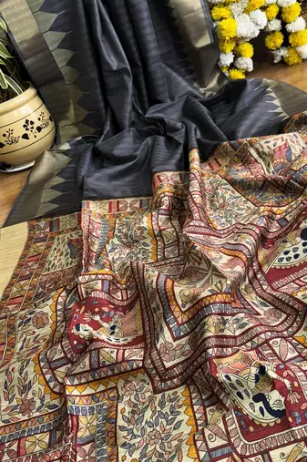 dark grey madhubani print and zari weaving tussar silk saree