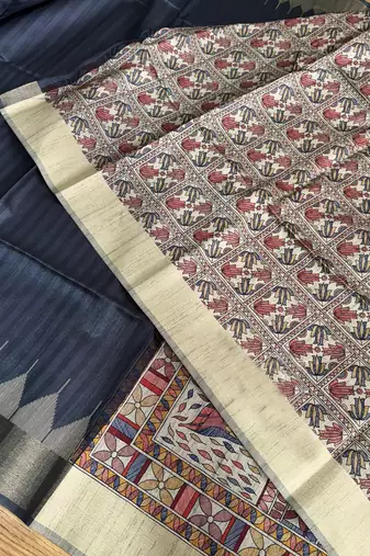 dark grey madhubani print and zari weaving tussar silk saree