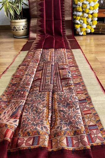 Maroon color madhubani hand type print and zari weaving tussar silk saree