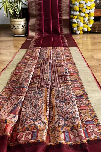 Maroon color madhubani hand type print and zari weaving tussar silk saree