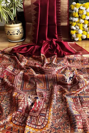 maroon madhubani print and zari weaving tussar silk saree