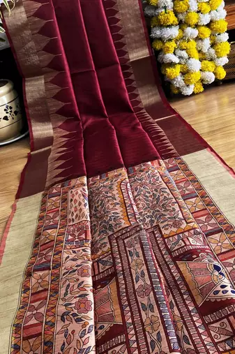 maroon madhubani print and zari weaving tussar silk saree