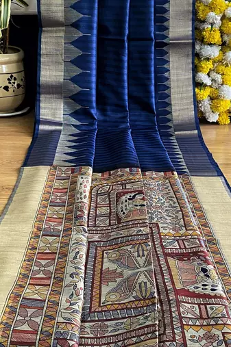 Navy blue color madhubani hand type print and zari weaving tussar silk saree