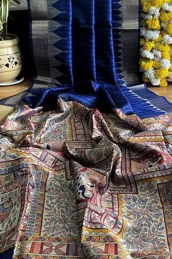 navy blue madhubani print and zari weaving tussar silk saree