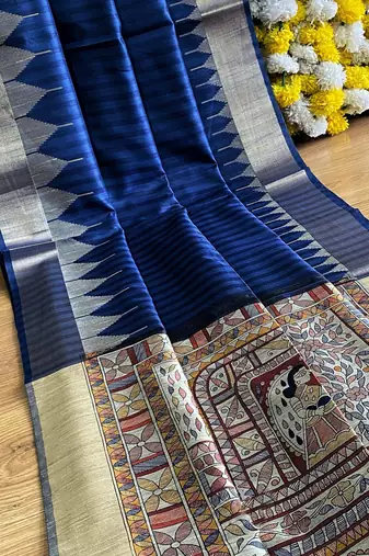 navy blue madhubani print and zari weaving tussar silk saree