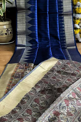 navy blue madhubani print and zari weaving tussar silk saree