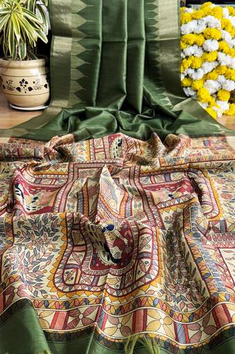 Sea green color madhubani hand type print and zari weaving tussar silk saree
