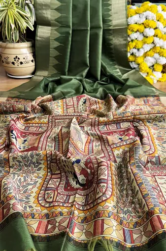 Sea green color madhubani hand type print and zari weaving tussar silk saree