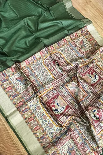sea green madhubani print and zari weaving tussar silk saree