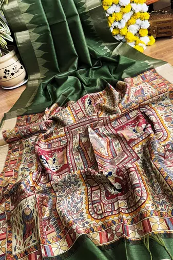 sea green madhubani print and zari weaving tussar silk saree