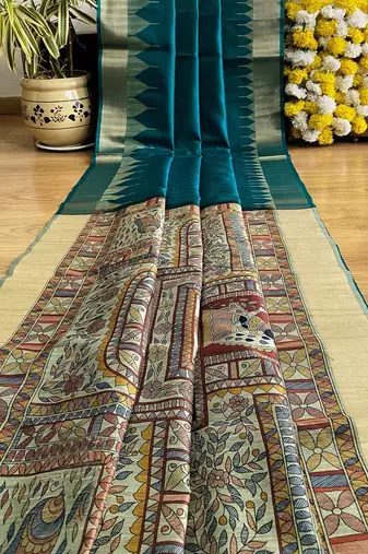 Teal color madhubani hand type print and zari weaving tussar silk saree