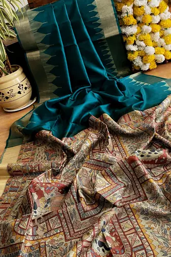 teal madhubani print and zari weaving tussar silk saree