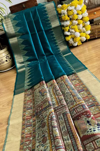 teal madhubani print and zari weaving tussar silk saree