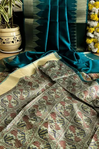 teal madhubani print and zari weaving tussar silk saree