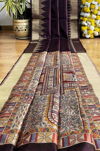 Wine color madhubani hand type print and zari weaving tussar silk saree