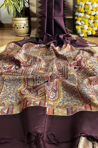 wine madhubani print and zari weaving tussar silk saree