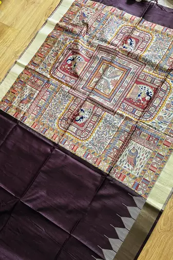 wine madhubani print and zari weaving tussar silk saree