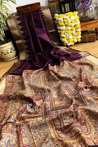 wine madhubani print and zari weaving tussar silk saree
