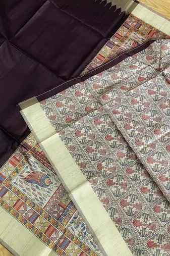 wine madhubani print and zari weaving tussar silk saree