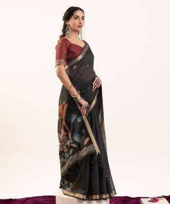 black lotus and zari weaving muga cotton saree 4