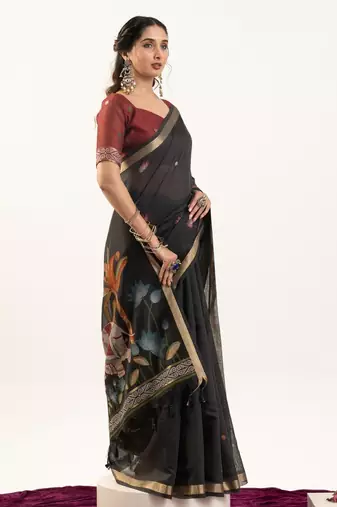 black lotus and zari weaving muga cotton saree