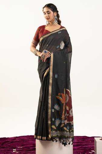 Black color lotus , musa and zari weaving  muga cotton saree