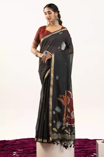 Black color lotus , musa and zari weaving  muga cotton saree