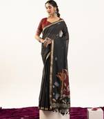 Black color lotus , musa and zari weaving  muga cotton saree