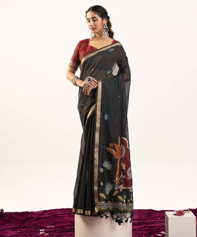 Black color lotus , musa and zari weaving  muga cotton saree