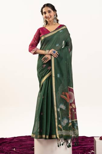 Dark green color lotus , musa and zari weaving  muga cotton saree